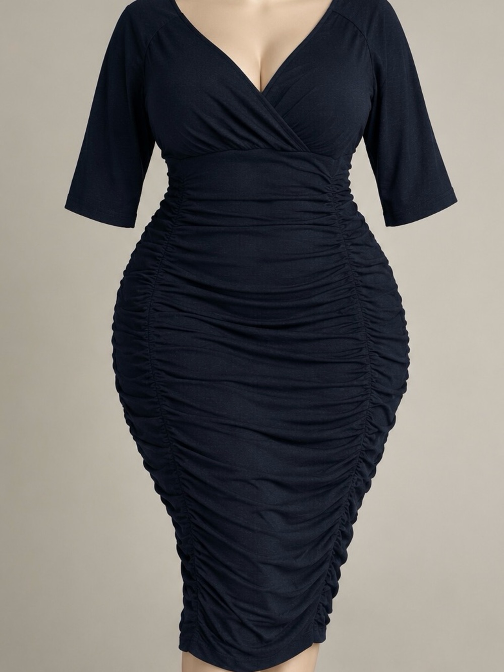 Women’s Navy Ruched Midi Dress with V-Neck